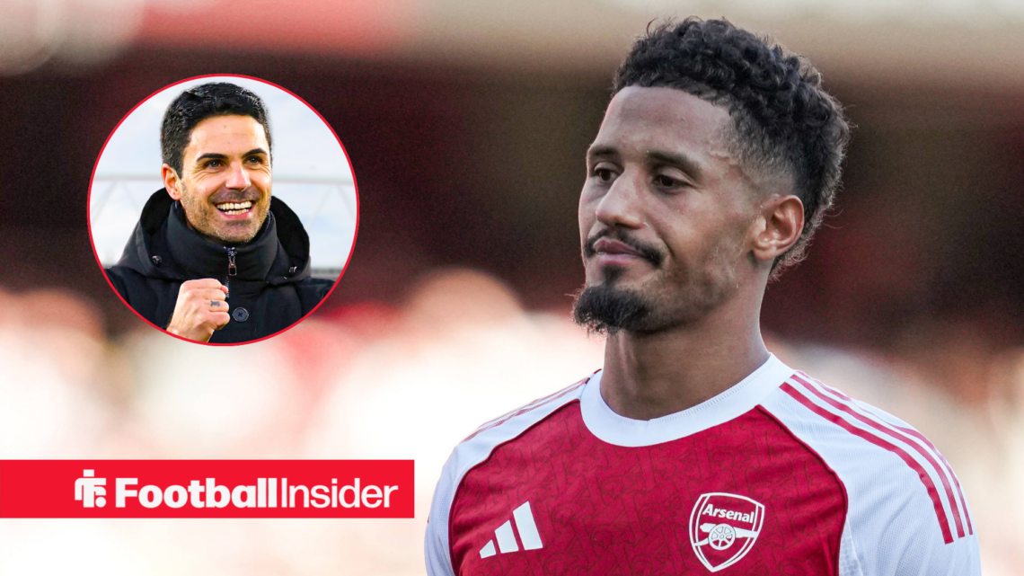 Arsenal's William Saliba in action looking at manager Mikel Arteta who is celebrating left inset