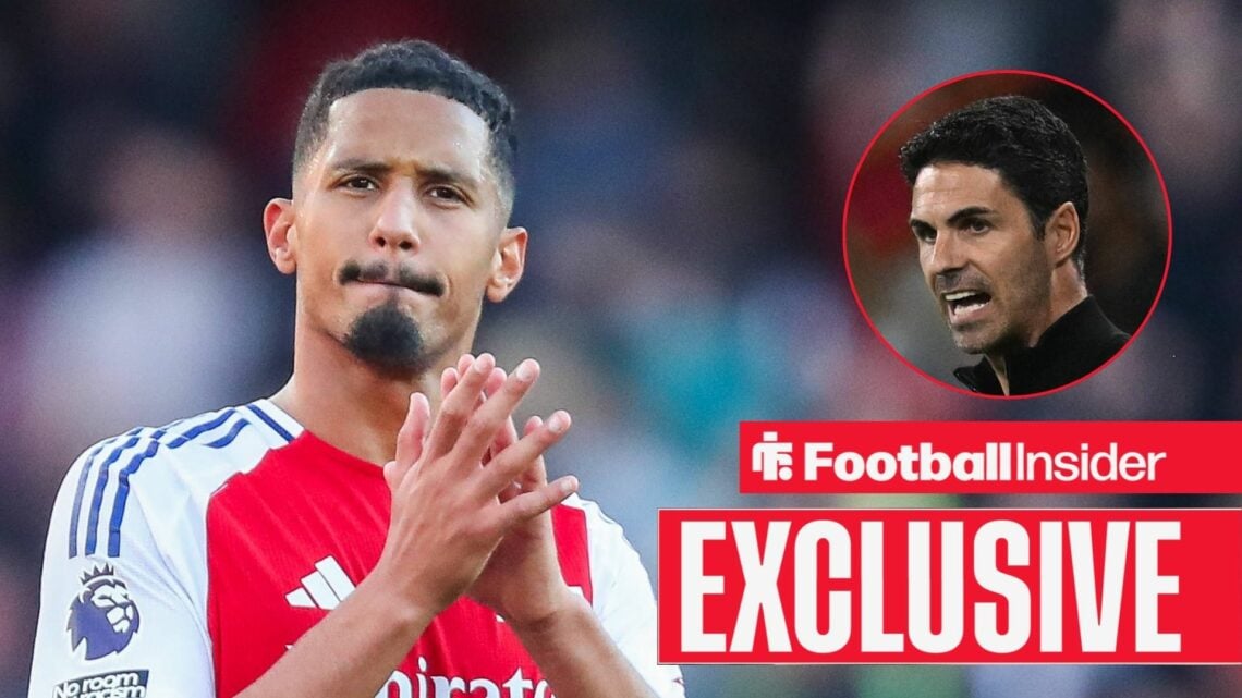 William Saliba clapping on the left with a shouting Mikel Arteta on the right above an EXCLUSIVE banner