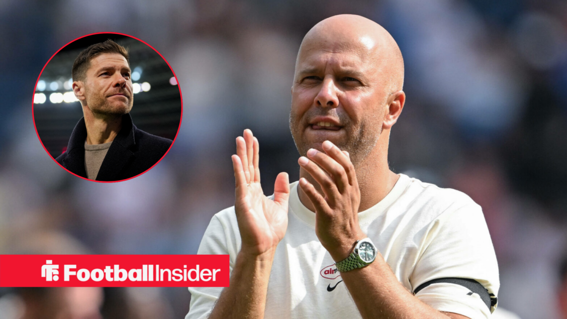 Real Madrid boss Xabi Alonso in a circular frame alongside Liverpool boss Arne Slot