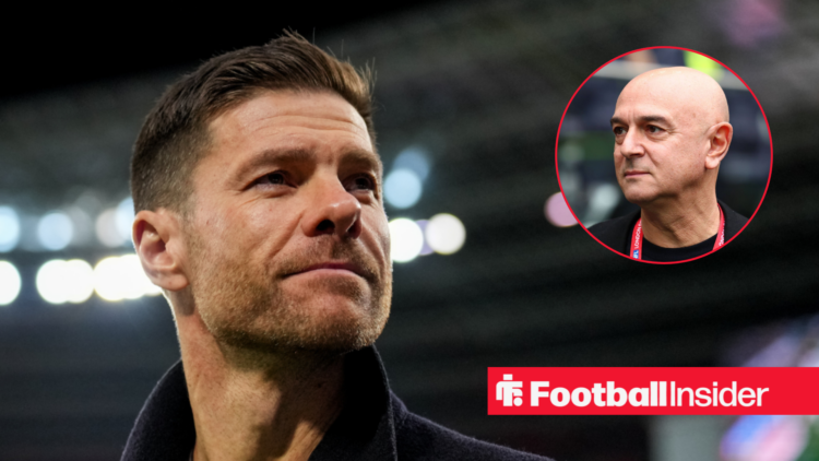 Real Madrid boss Xabi Alonso next to an image of Daniel Levy in a circular frame