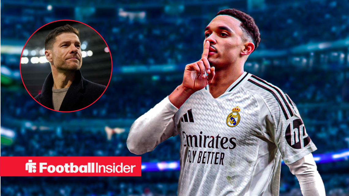 Real Madrid boss Xabi Alonso in a circular frame alongside Trent Alexander-Arnold in a home shirt
