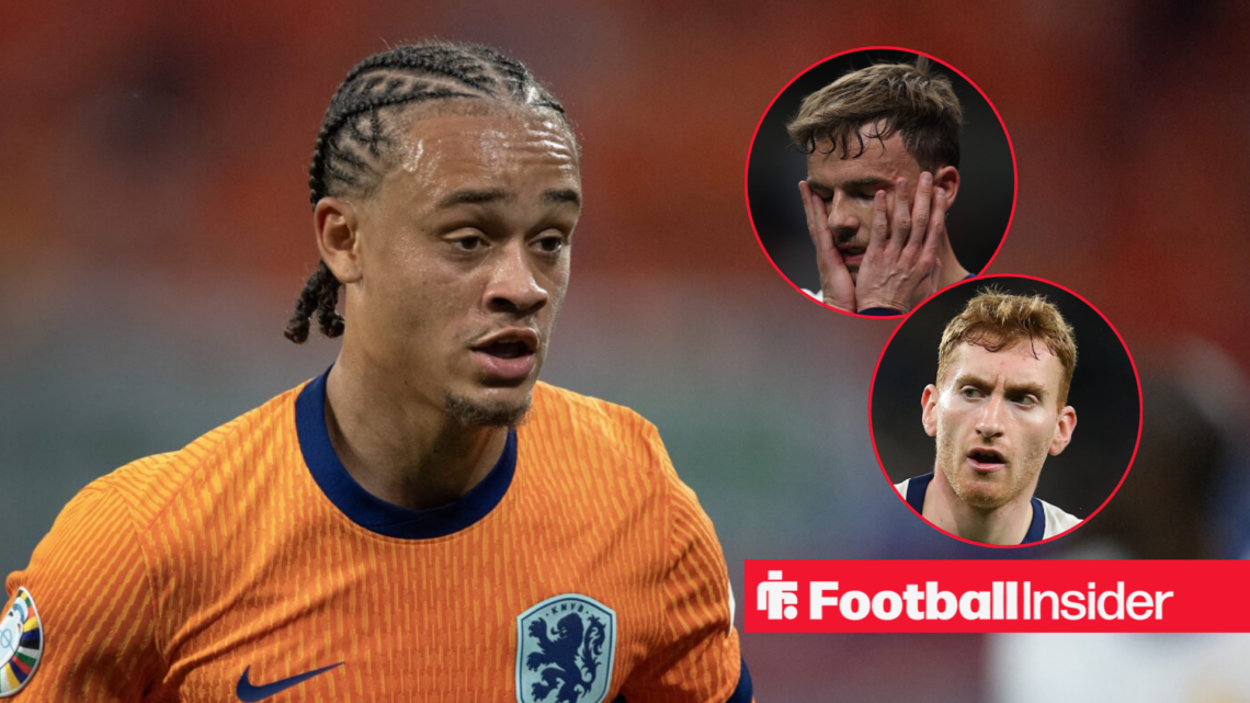 Xavi Simons focused on the left in Netherlands shirt with James Maddison and Dejan Kulusevski on the right looking unimpressed