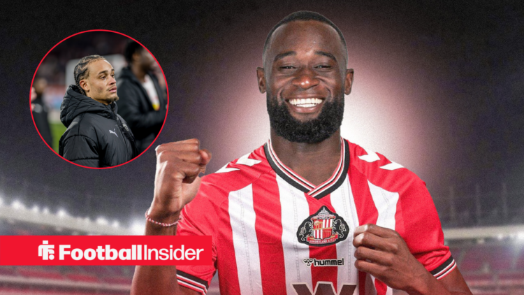 Xavi Simons in a circular frame alongside Lutsharel Geertruida in a Sunderland home shirt