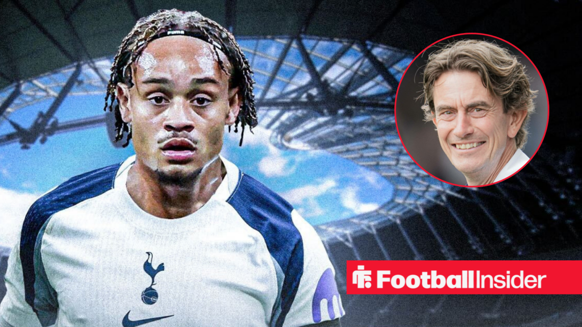 Tottenham midfielder Xavi Simons, alongside a circular inset of Spurs manager Thomas Frank