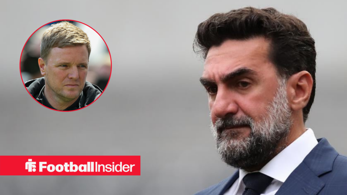 Newcastle owner Yasir Al-Rumayyan alongside a circular inset of Newcastle manager Eddie Howe