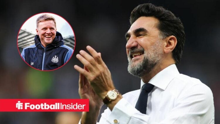 Yasir Al-Rumayyan clapping with Eddie Howe included in a circular inset