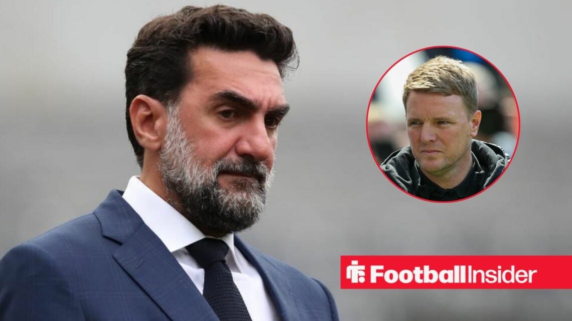 Newcastle co-owner and chairman Yasir Al-Rumayyan looking at manager Eddie Howe right inset