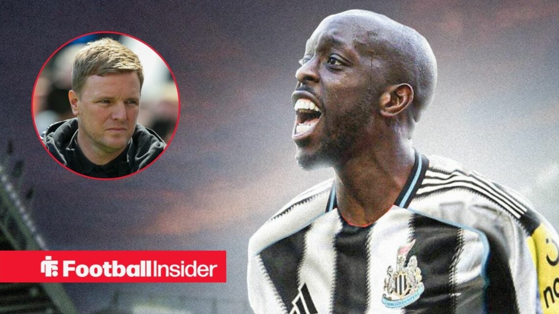 Newcastle forward Yoane Wissa alongside a circular inset of manager Eddie Howe