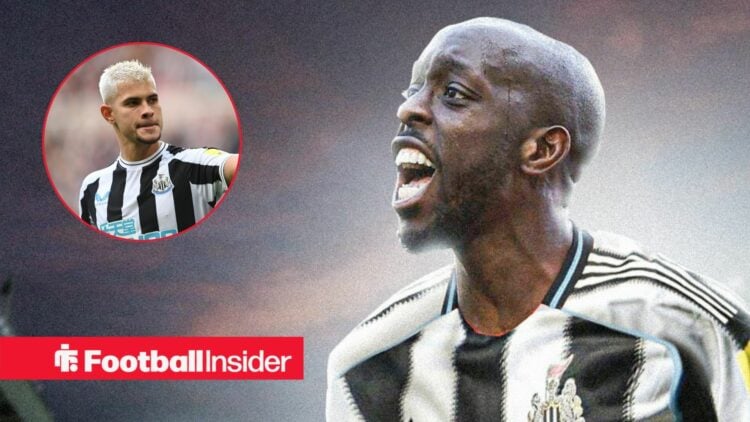Yoane Wissa in home Newcastle shirt with Bruno Guimaraes inset
