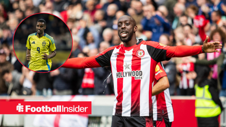 Yoane Wissa in a red and white Brentford kit and Alexander Isak in a yellow Sweden kit in a red circle