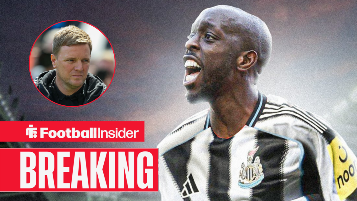 Yoane Wissa celebrating in a Newcastle shirt with manager Eddie Howe looking concerned left inset