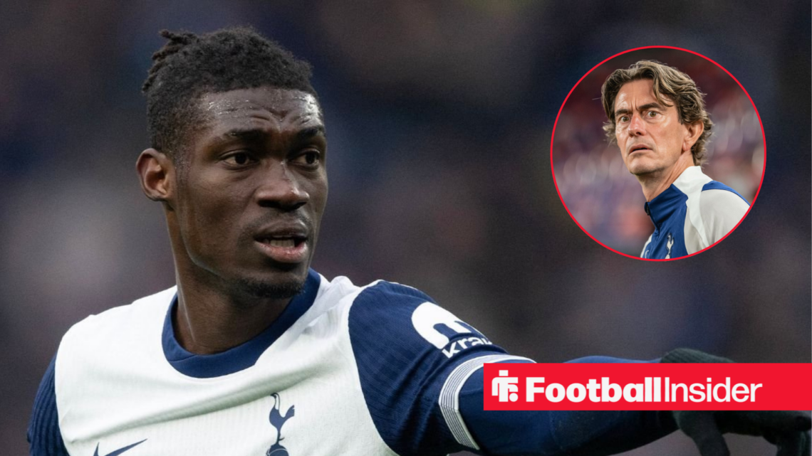 Yves Bissouma in home Tottenham shirt with Thomas Frank inset