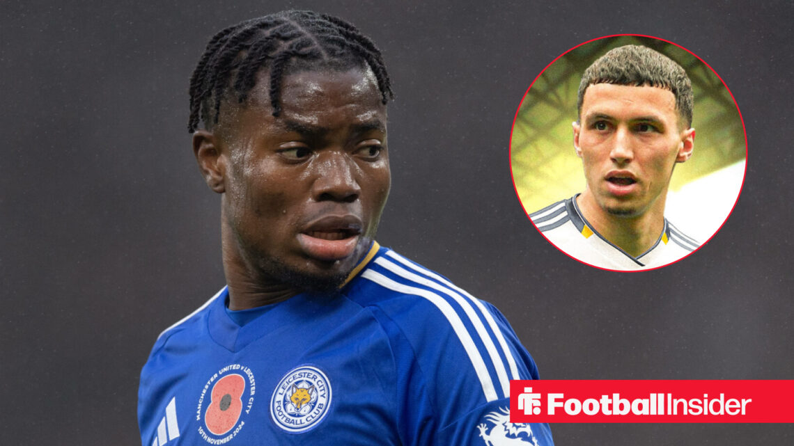 Abdul Fatawu playing for Leicester City with Bilal El Khannouss included in a circular inset