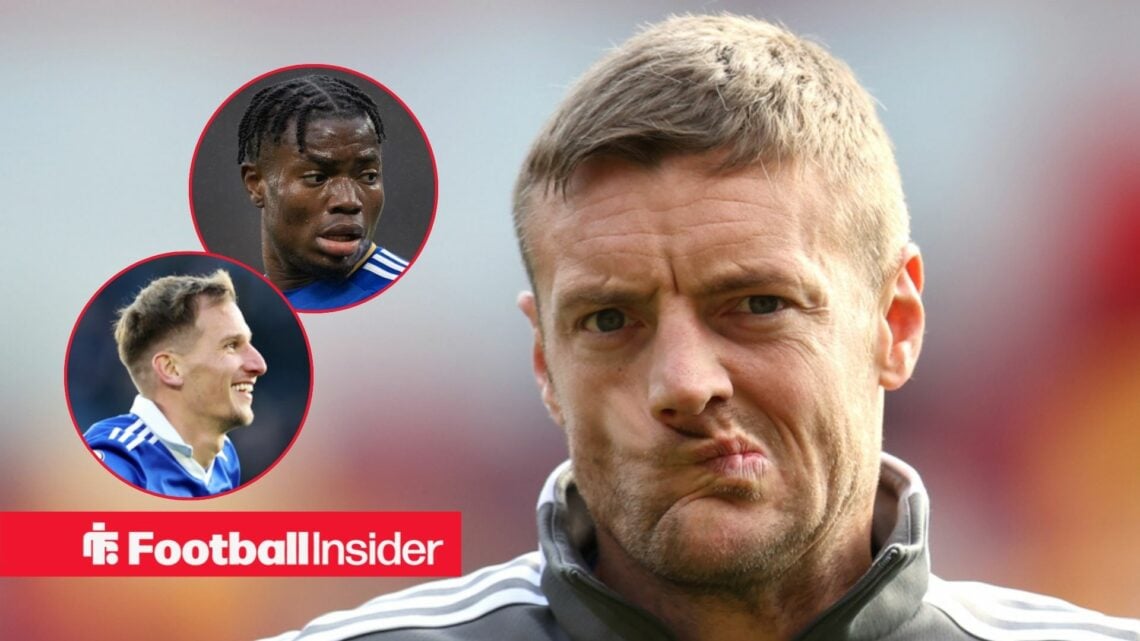 Jamie Vardy pre-match with Marc Albrighton and Abdul Fatawu included in circular insets