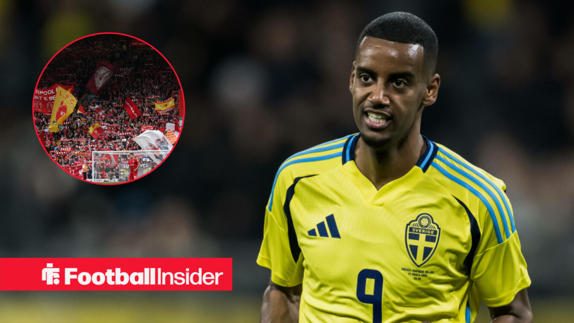 Alexander Isak playing for Sweden with Anfield's Kop in a circular inset