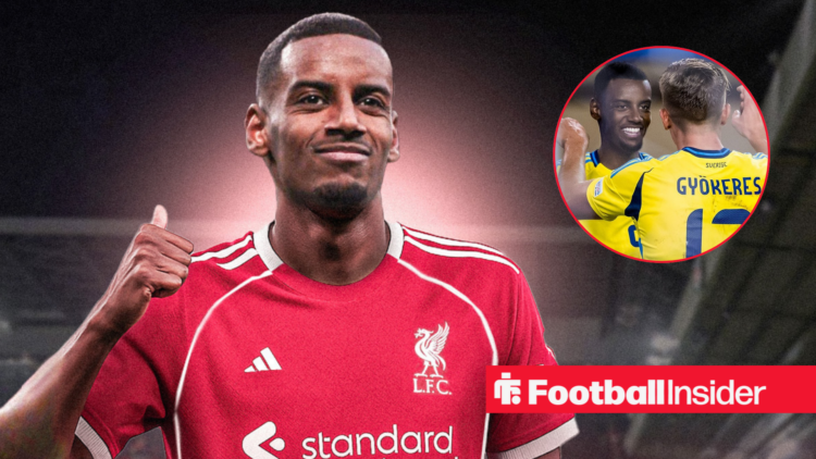 Alexander Isak in a Liverpool home kit with Viktor Gyokeres and himself both included in a circular inset