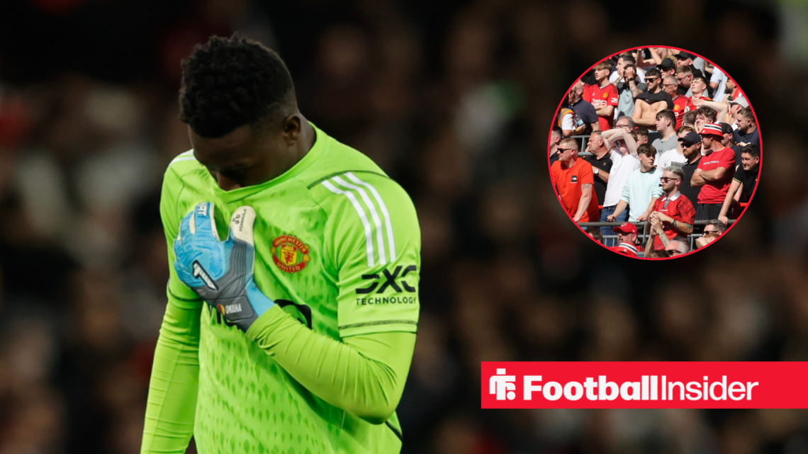 Andre Onana looks down after conceding a goal for Man United with their fans in a circular inset