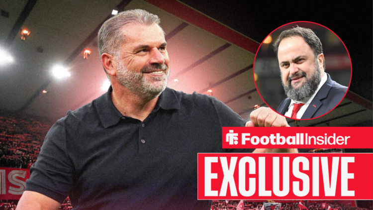 Ange Postecoglou at the City Ground with Evangelos Marinakis in a circular inset