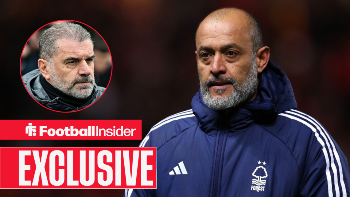 Nuno Espirito Santo on the Nottingham Forest touchline with Ange Postecoglou included in a circular inset