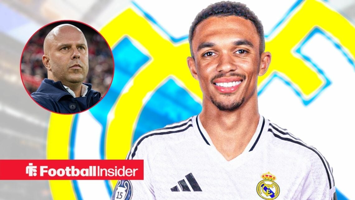 Trent Alexander-Arnold in Real Madrid's home shirt with Arne Slot included in a circular inset