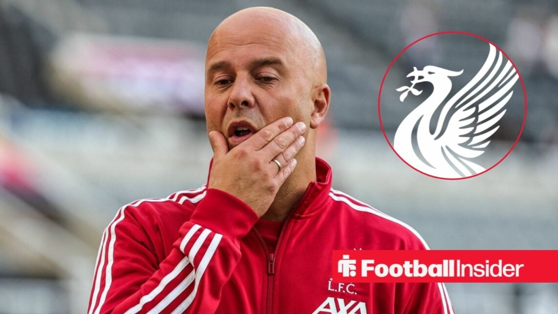 Arne Slot reacts in frustration during Galatasaray vs Liverpool with Liverpool club badge inset