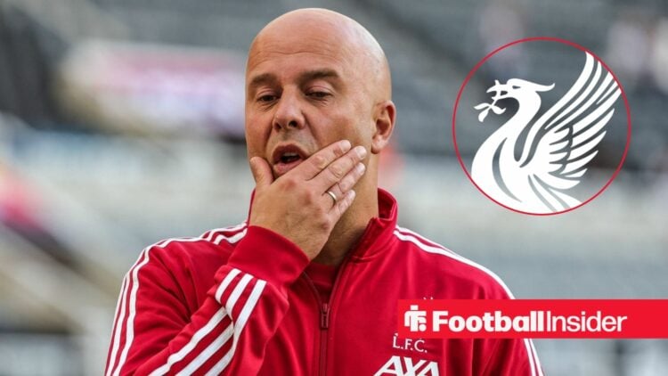 Arne Slot reacts in frustration during Galatasaray vs Liverpool with Liverpool club badge inset