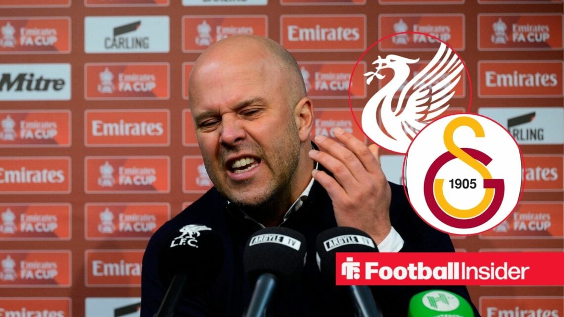 Arne Slot reacts angrily during press conference with Liverpool and Galatasaray club badge insets