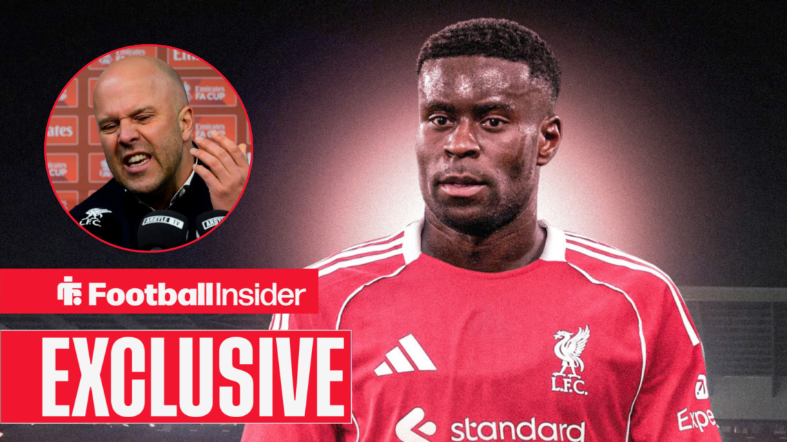 Marc Guehi in Liverpool's home kit with Arne Slot in a circular inset