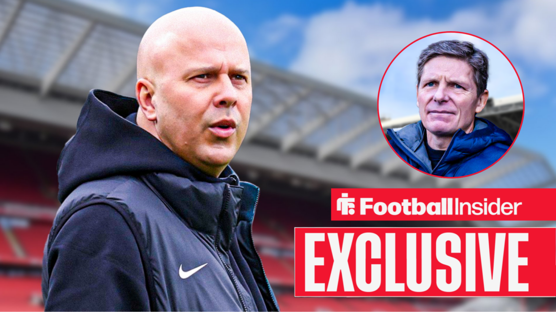 Arne Slot on the touchline at Anfield with Oliver Glasner included in a circular inset