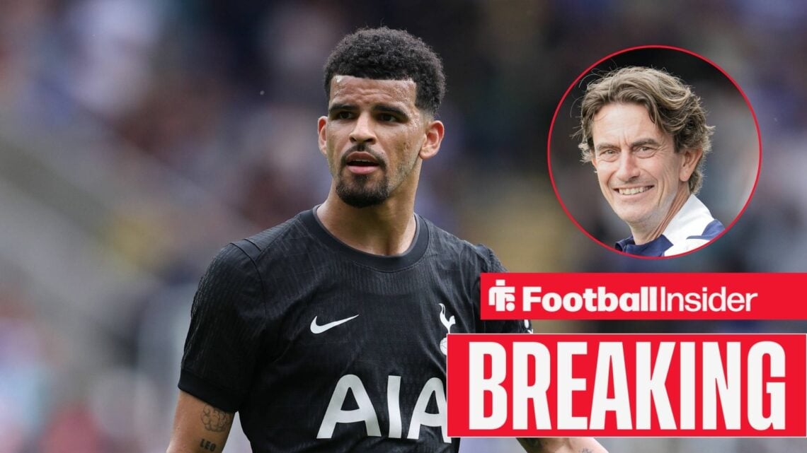 Dominic Solanke in action for Tottenham with Thomas Frank inset