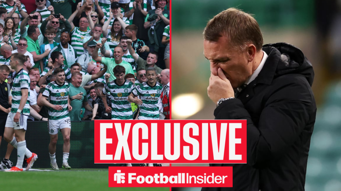 Celtic players celebrating a goal with Brendan Rodgers looking down on the touchline