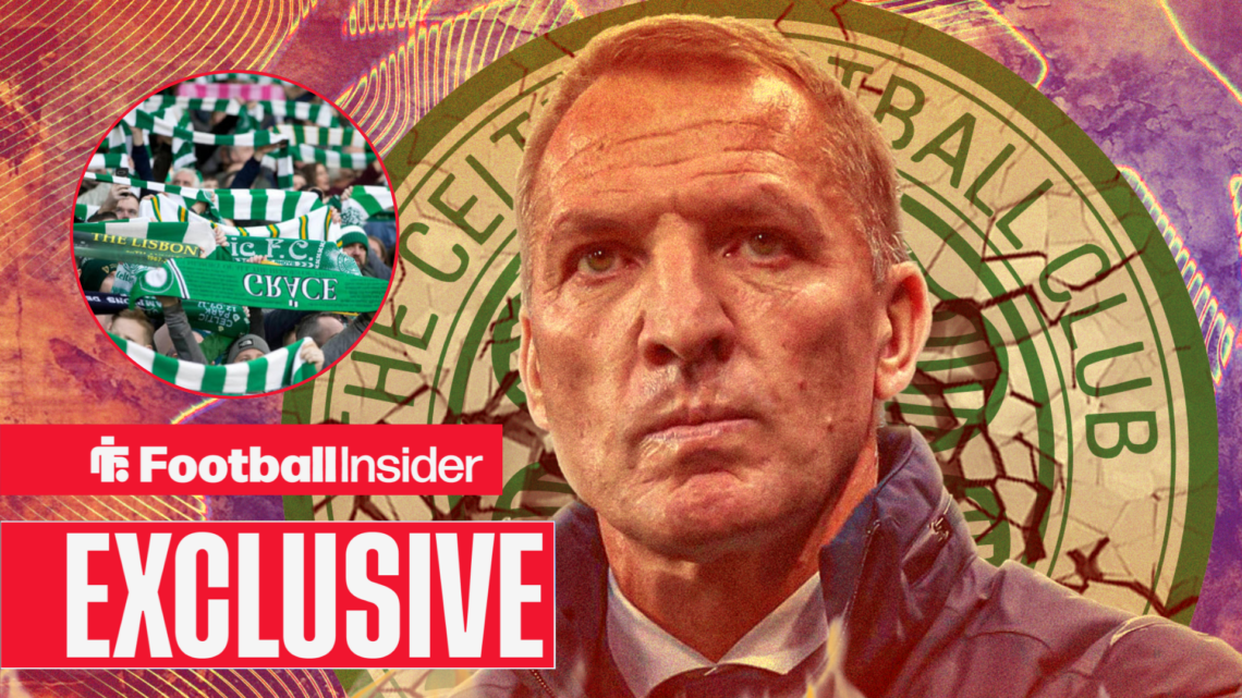 Brendan Rodgers in front of a cracked Celtic badge with Celtic fans included in a circular inset