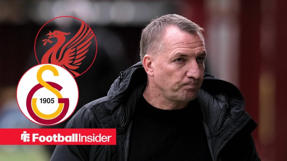 Brendan Rodgers looks dejected with Liverpool and Galatasaray club badge insets