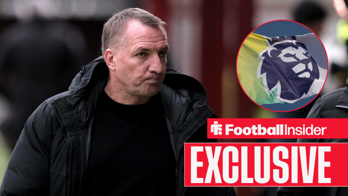 Brendan Rodgers on the Celtic touchline with the Premier League logo on a flag in a circular inset