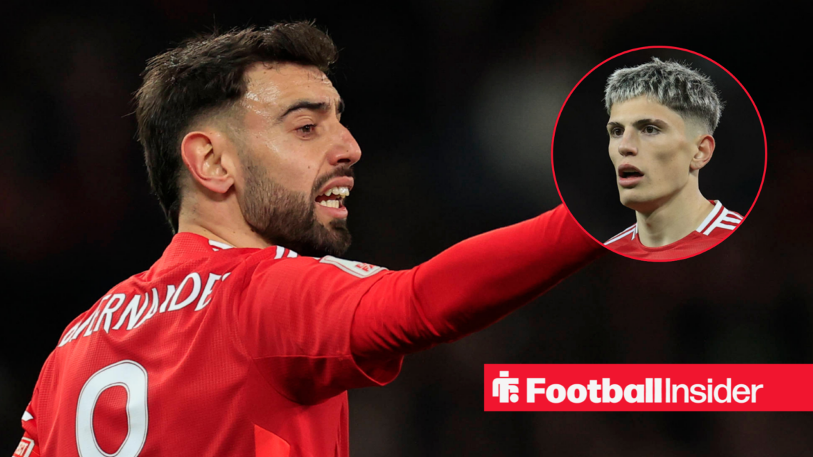 Bruno Fernandes playing for Manchester United with Alejandro Garnacho in a circular inset