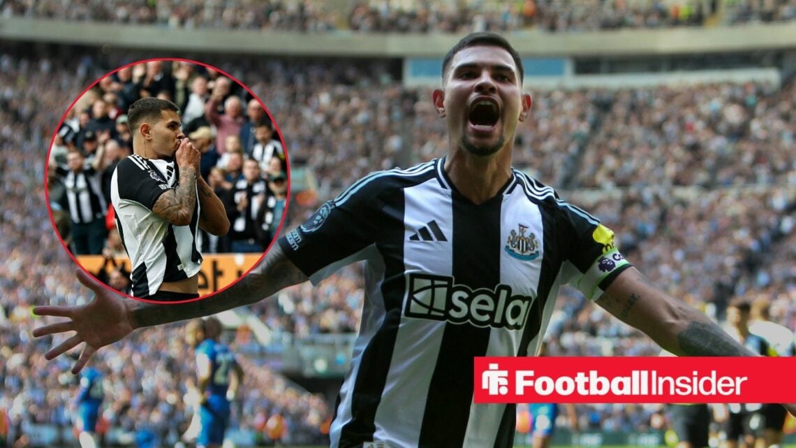 Bruno Guimaraes celebrates scoring a goal infront of the Newcaslte United supporters