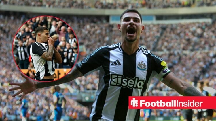 Bruno Guimaraes celebrates scoring a goal infront of the Newcaslte United supporters