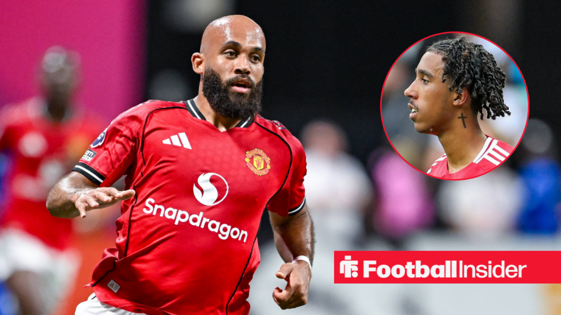 Bryan Mbeumo in action for Man United with Leny Yoro in a circular inset