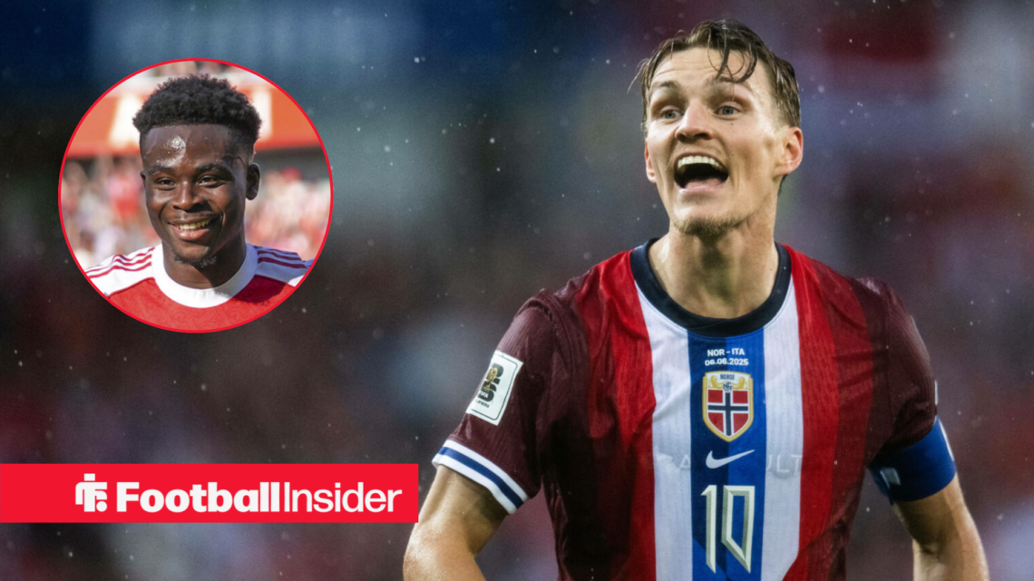 Martin Odegaard playing for Norway with Bukayo Saka in a circular inset