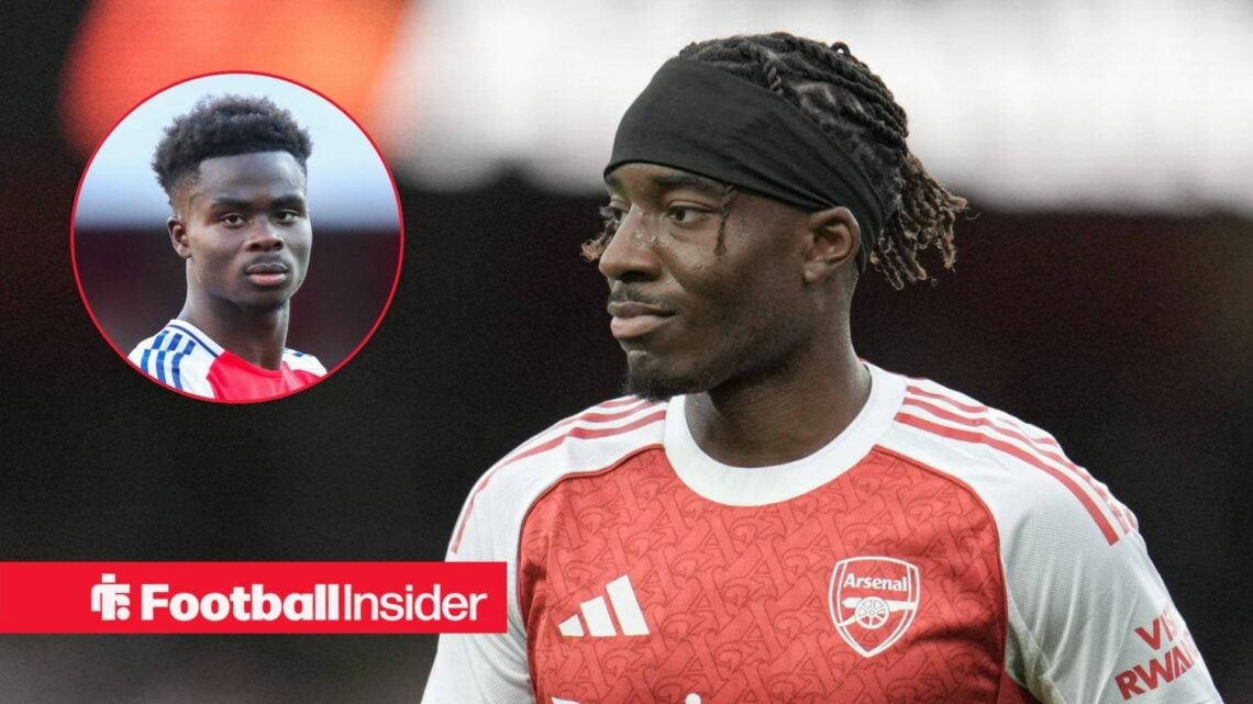 Noni Madueke in action for Arsenal with Bukayo Saka in a circular inset