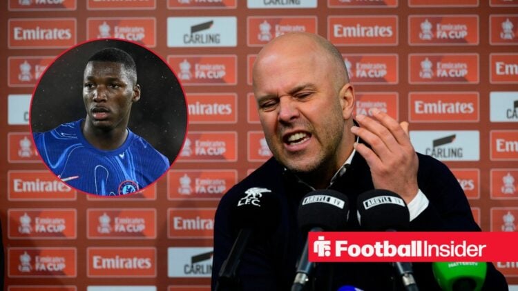 Arne Slot during press conference with Moises Caicedo inset