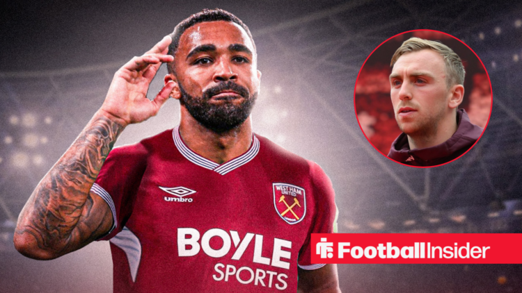 Callum Wilson in a West Ham home kit with Jarrod Bowen in a circular inset