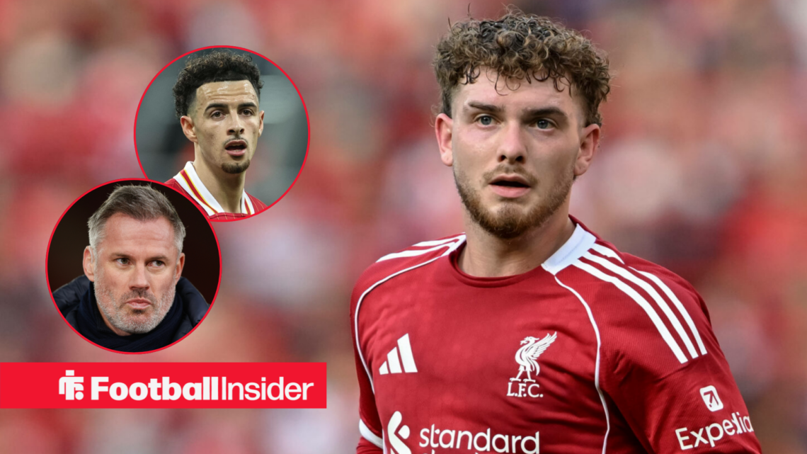 Harvey Elliott in action for Liverpool with Jamie Carragher and Curtis Jones in circular insets