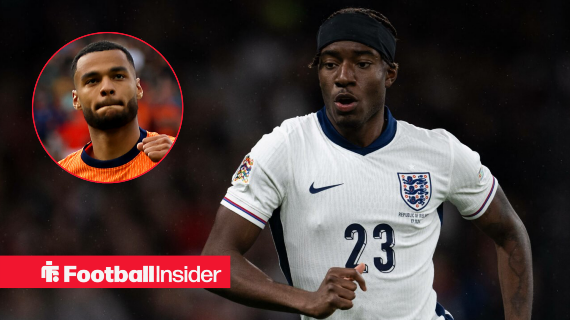 Noni Madueke in action for England with Cody Gakpo in a circular inset
