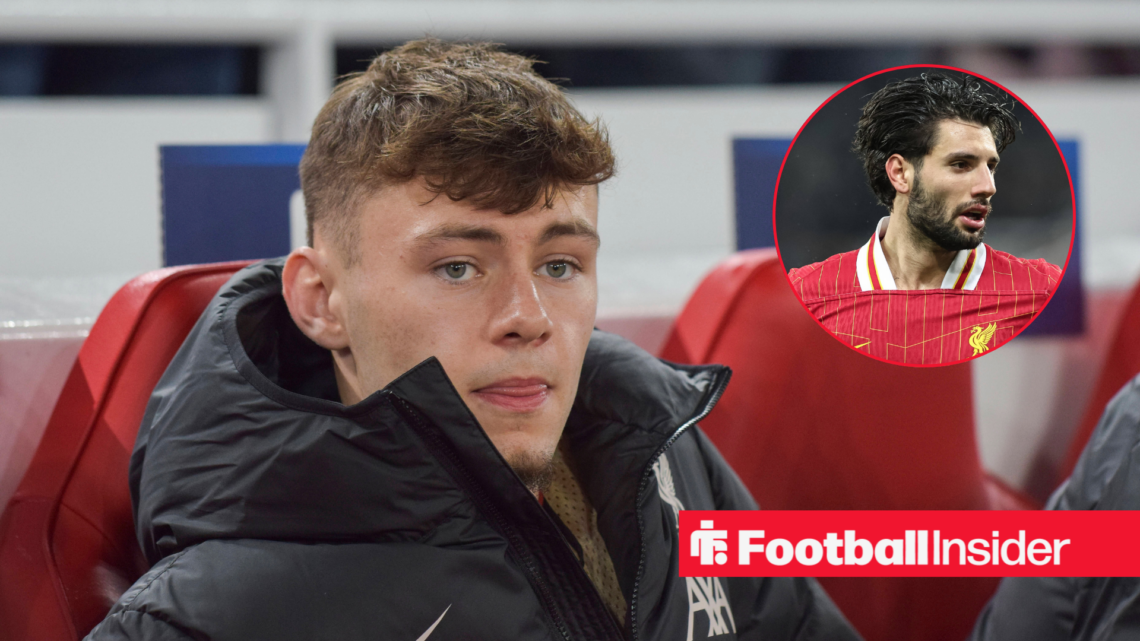 Conor Bradley on the Liverpool bench, Dominik Szoboszlai in a circular inset