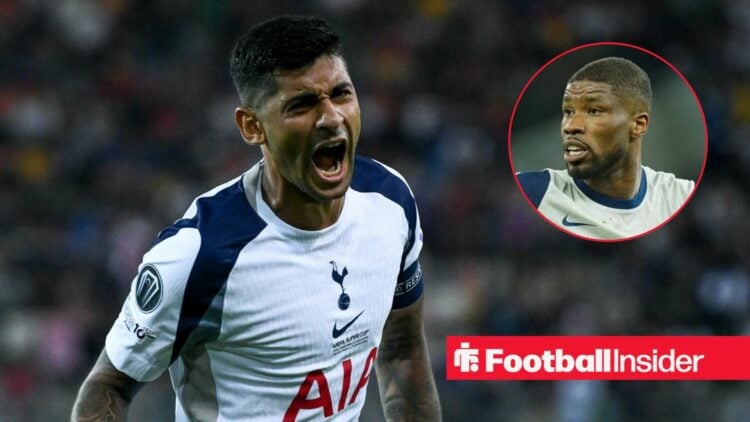 Cristian Romero celebrates a Tottenham goal with Kevin Danso in a circular inset