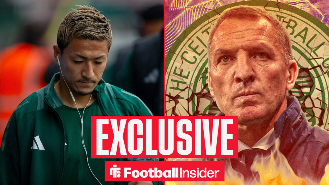 Daizen Maeda looks down pre-match for Celtic with Brendan Rodgers in front of a flaming Celtic badge