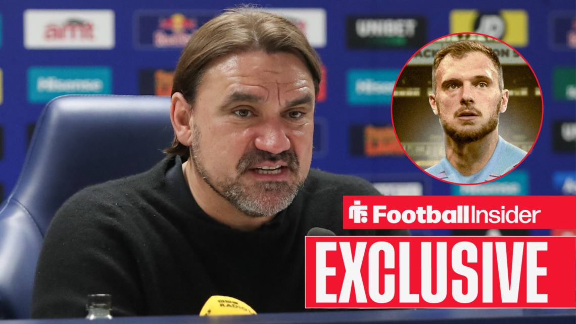 Daniel Farke in a Leeds United press conference with Lucas Perri included in a circular inset