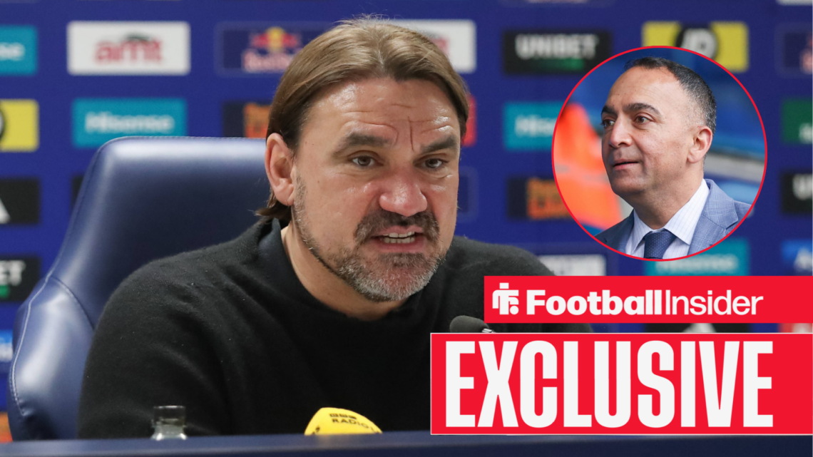 Daniel Farke in a Leeds United press conference with Paraag Marathe in a circular inset