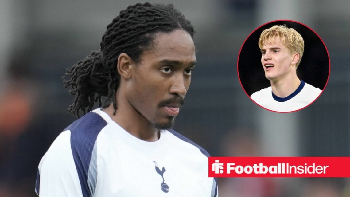 Djed Spence in action for Tottenham with Lucas Bergvall in a circular inset